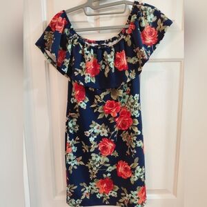 Crystal Doll Navy Floral Off-Shoulder Dress with Red Roses